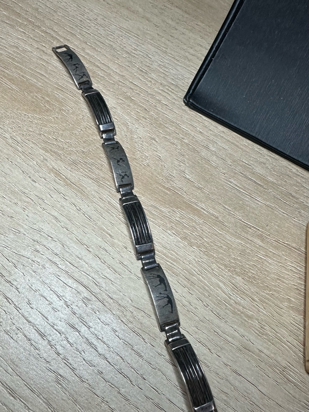 Sterling Men's Blackened Silver Link Bracelet with tribal motifs